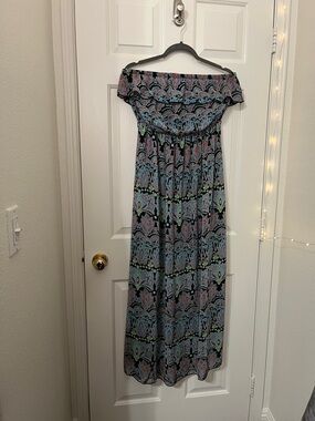 Strapless Paisley Print Maxi Dress in Turquoise and Coral